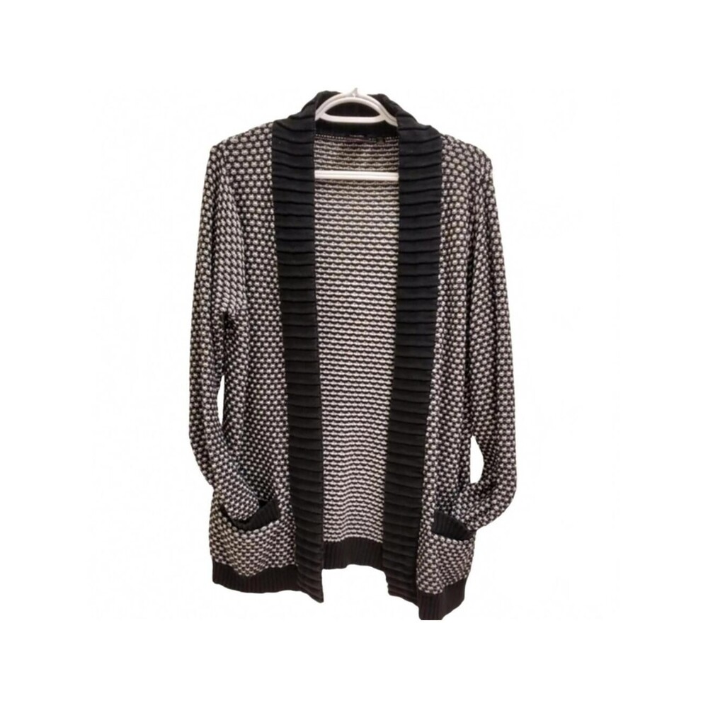Rafaella, Open Front Knit Pockets Black White Patterned Sweater